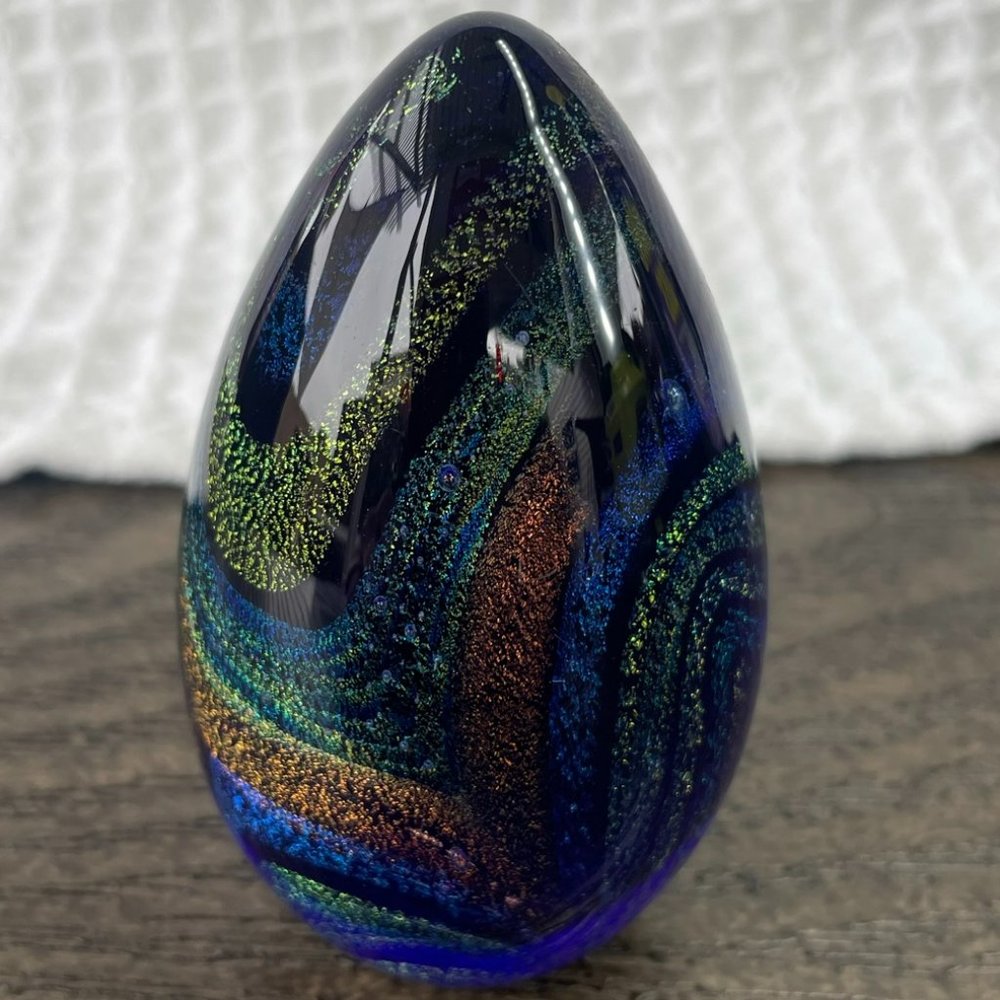 COPY - Handblown Glass Paperweight egg by GES '95 Blue Bronze Gold